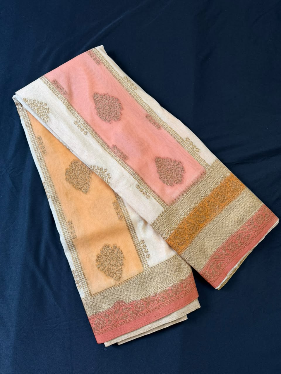 Cream, Salmon Pink & Ochre Mustard Golden Zari Kaddi Georgette Saree
