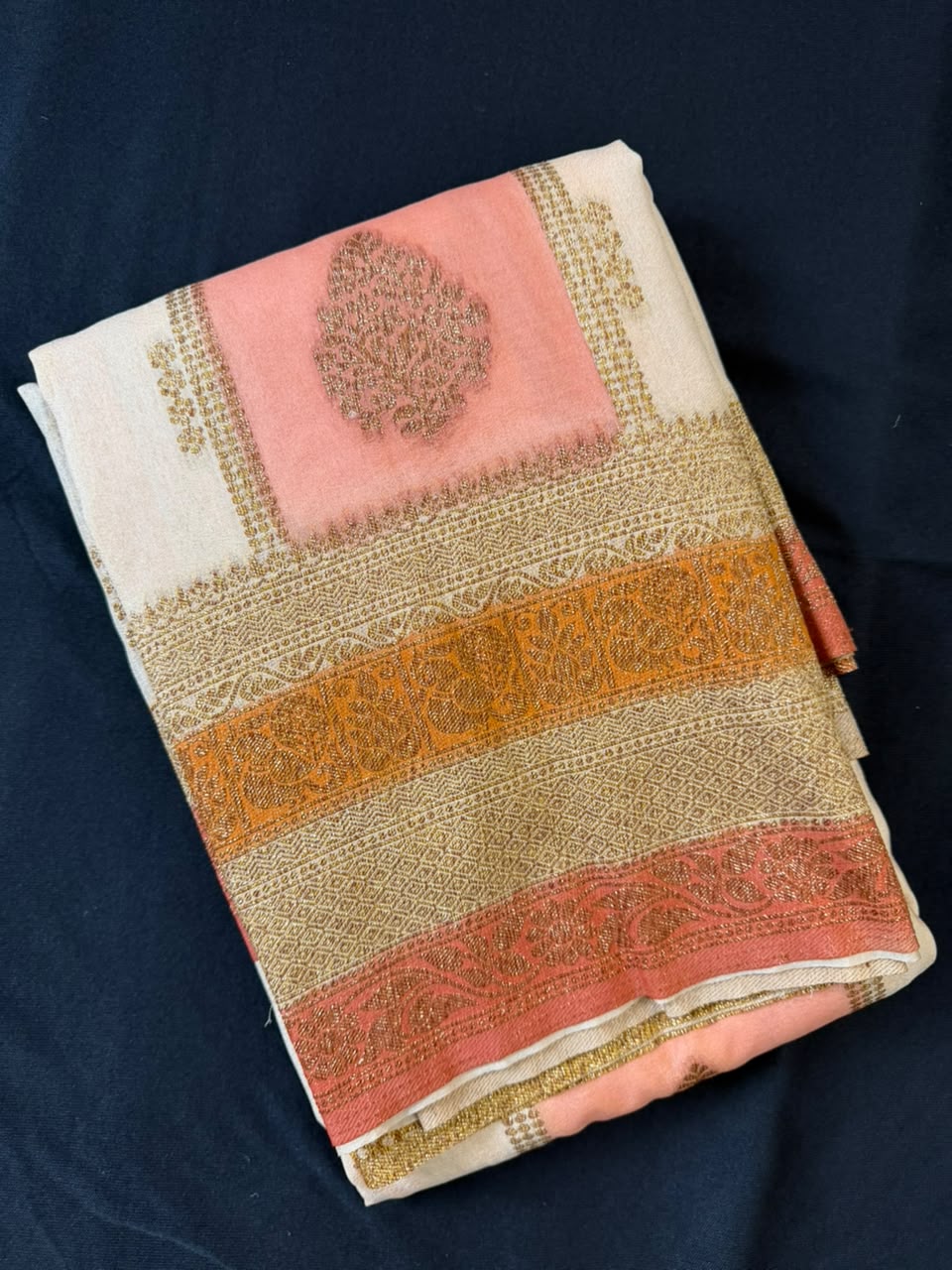 Cream, Salmon Pink & Ochre Mustard Golden Zari Kaddi Georgette Saree