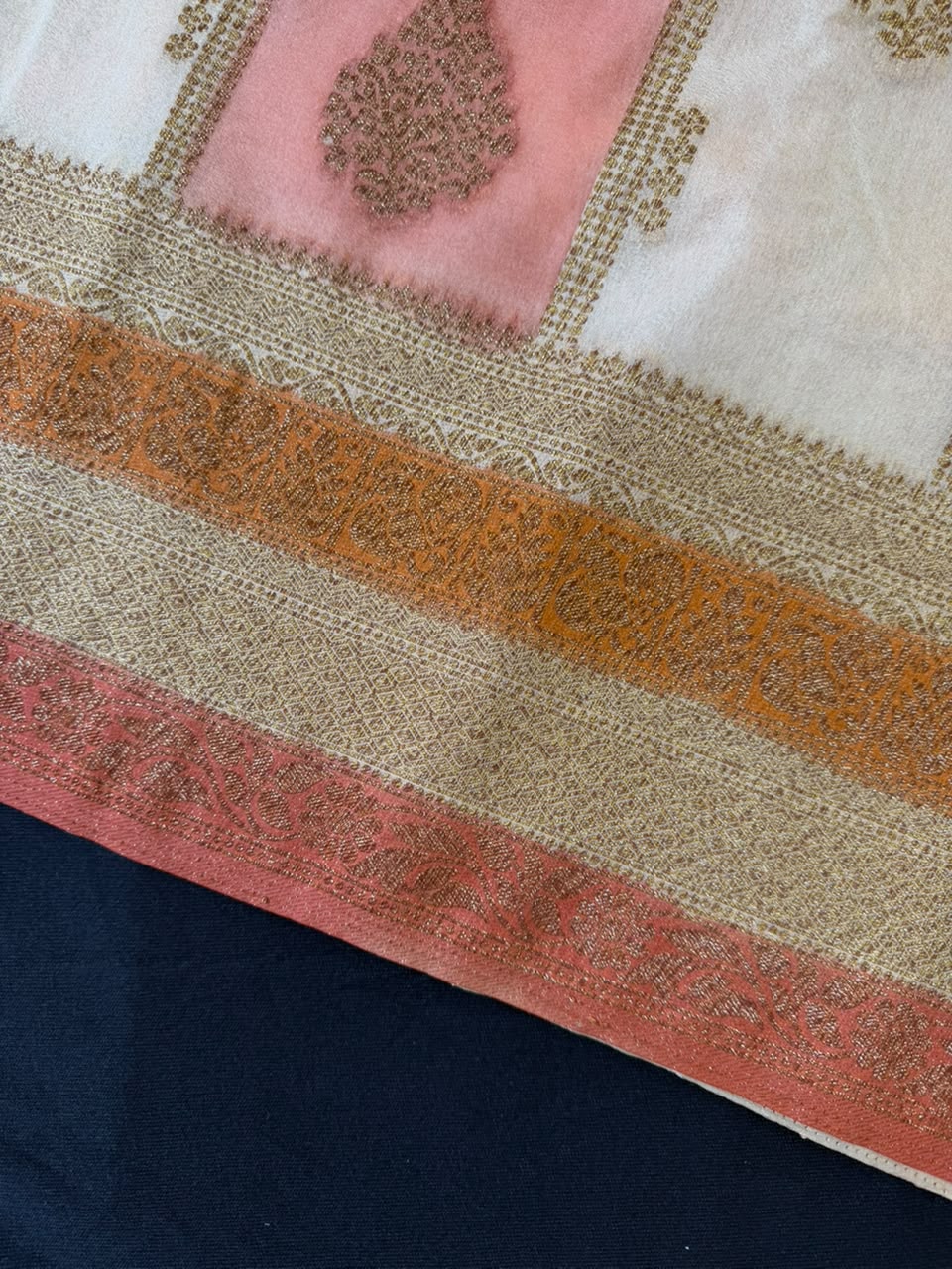 Cream, Salmon Pink & Ochre Mustard Golden Zari Kaddi Georgette Saree