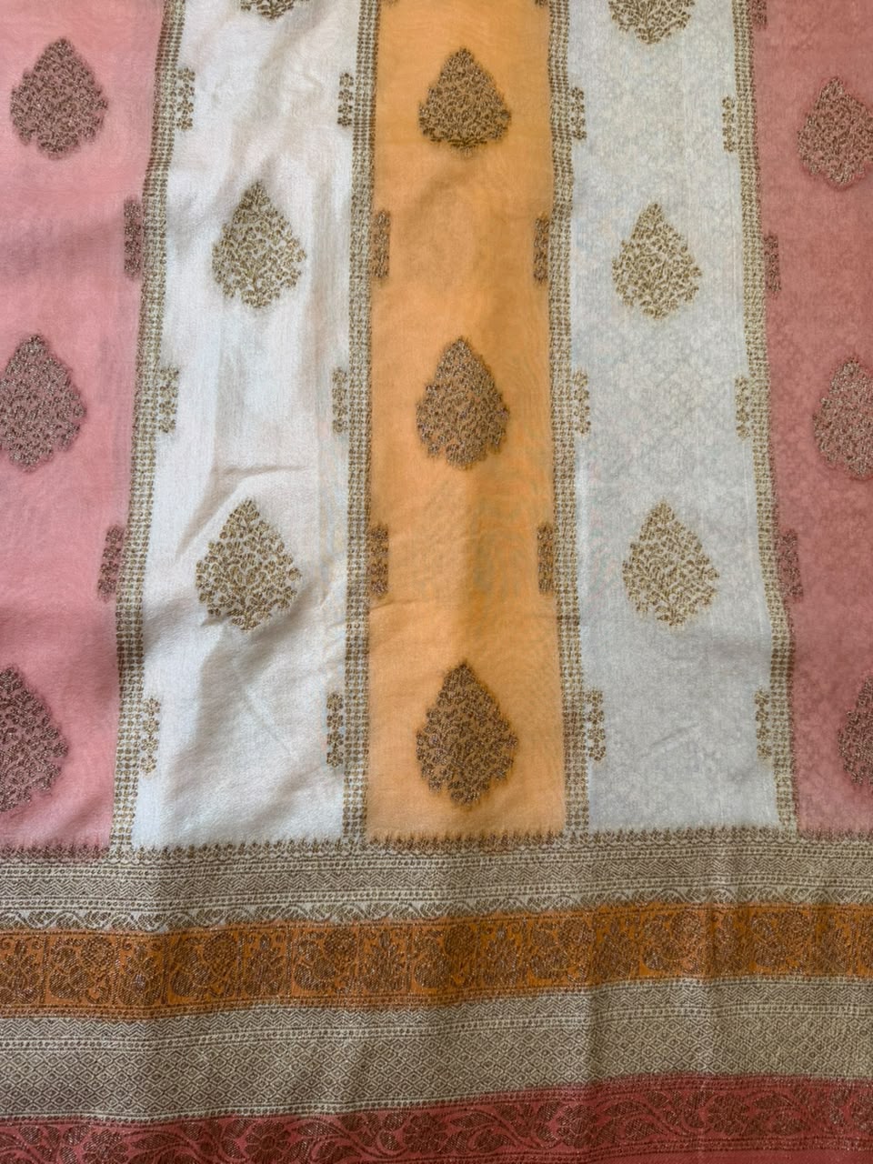 Cream, Salmon Pink & Ochre Mustard Golden Zari Kaddi Georgette Saree