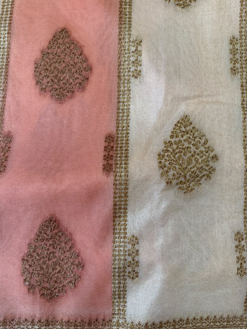Cream, Salmon Pink & Ochre Mustard Golden Zari Kaddi Georgette Saree