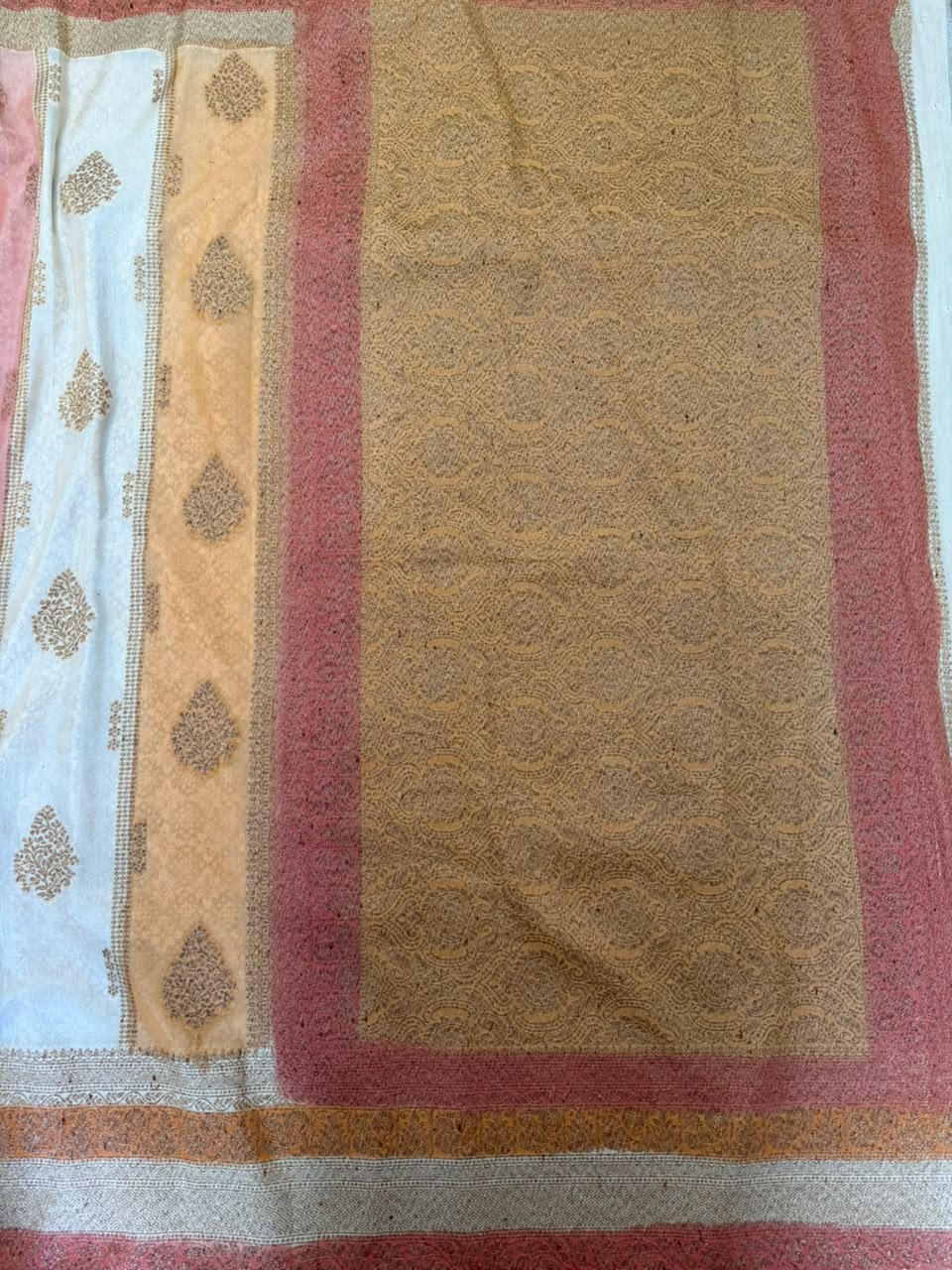 Cream, Salmon Pink & Ochre Mustard Golden Zari Kaddi Georgette Saree