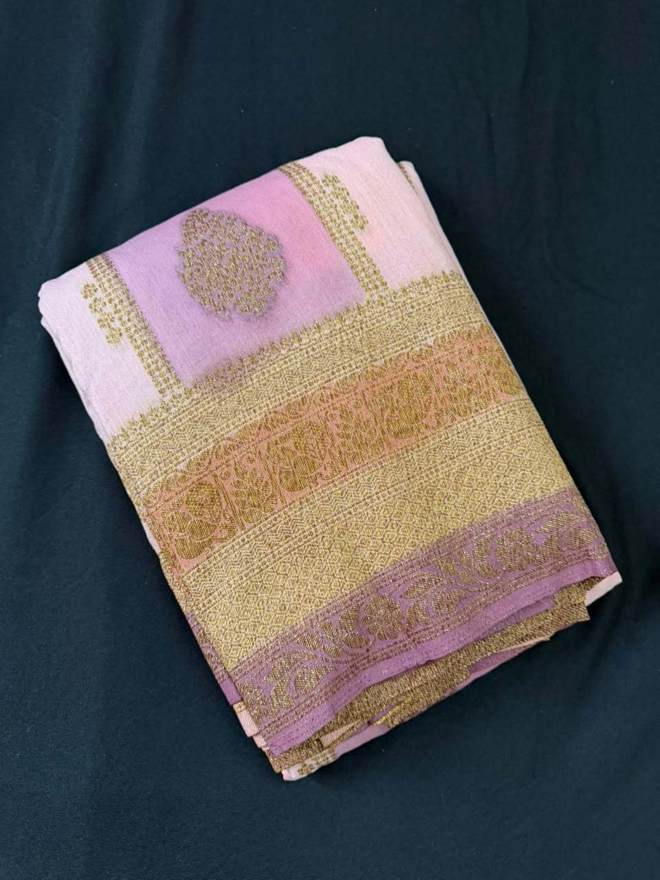 Ivory, Lilac & Blush Pink Golden Zari Kaddi Georgette Saree