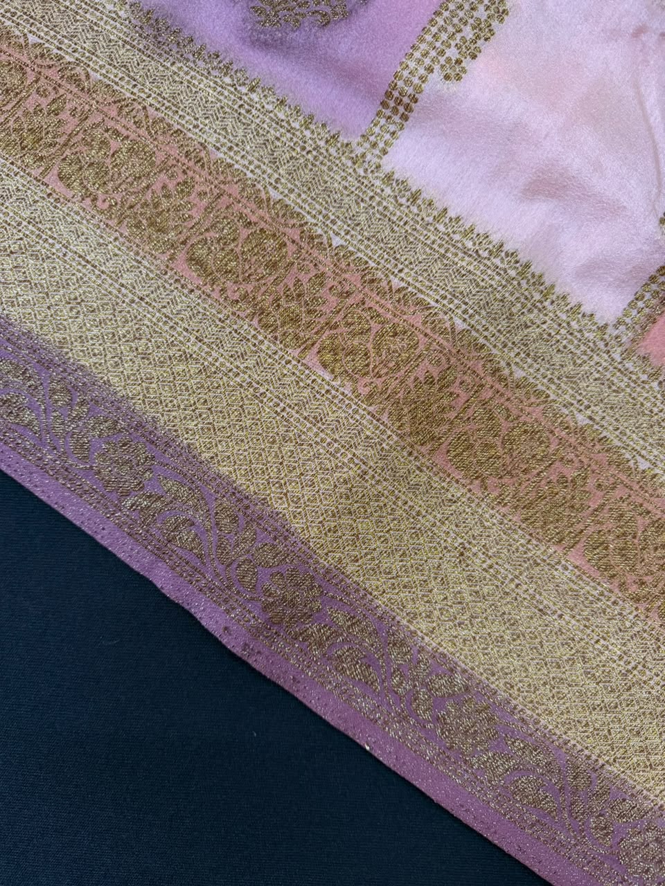 Ivory, Lilac & Blush Pink Golden Zari Kaddi Georgette Saree