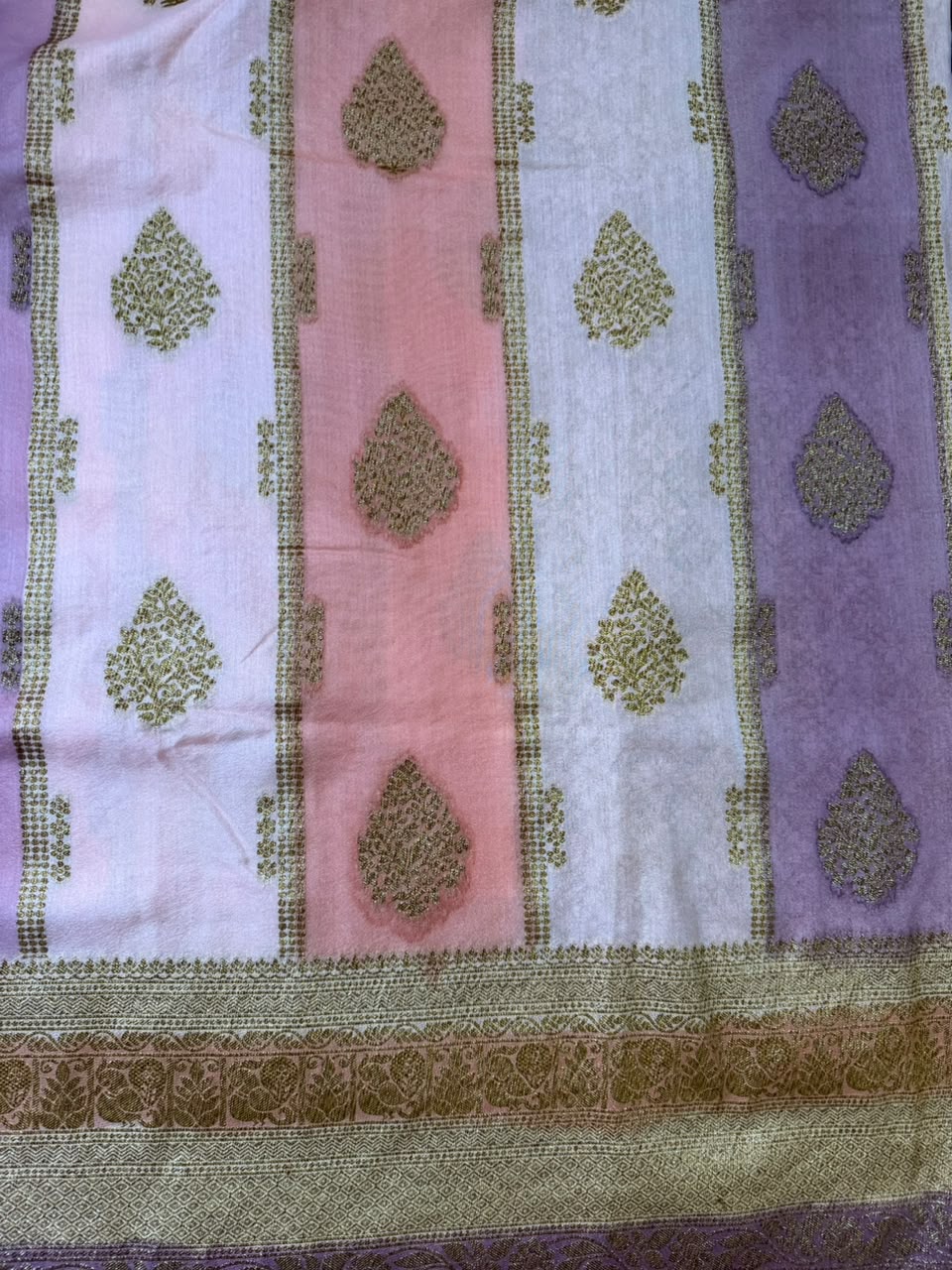 Ivory, Lilac & Blush Pink Golden Zari Kaddi Georgette Saree