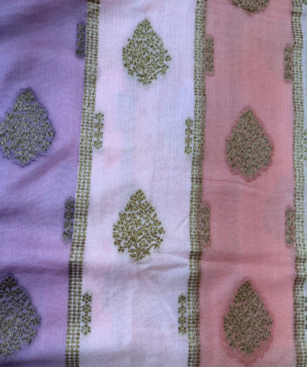 Ivory, Lilac & Blush Pink Golden Zari Kaddi Georgette Saree