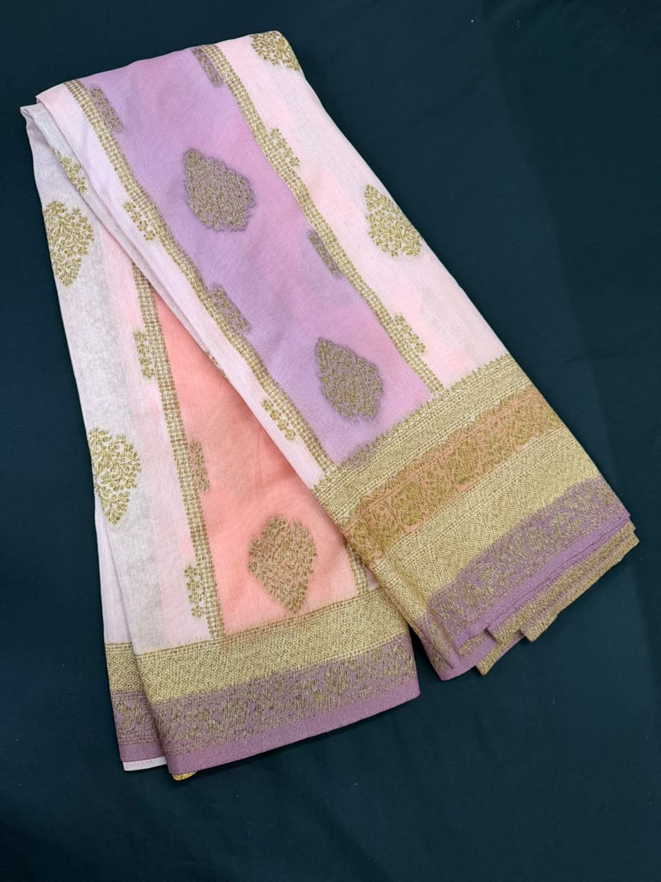 Ivory, Lilac & Blush Pink Golden Zari Kaddi Georgette Saree