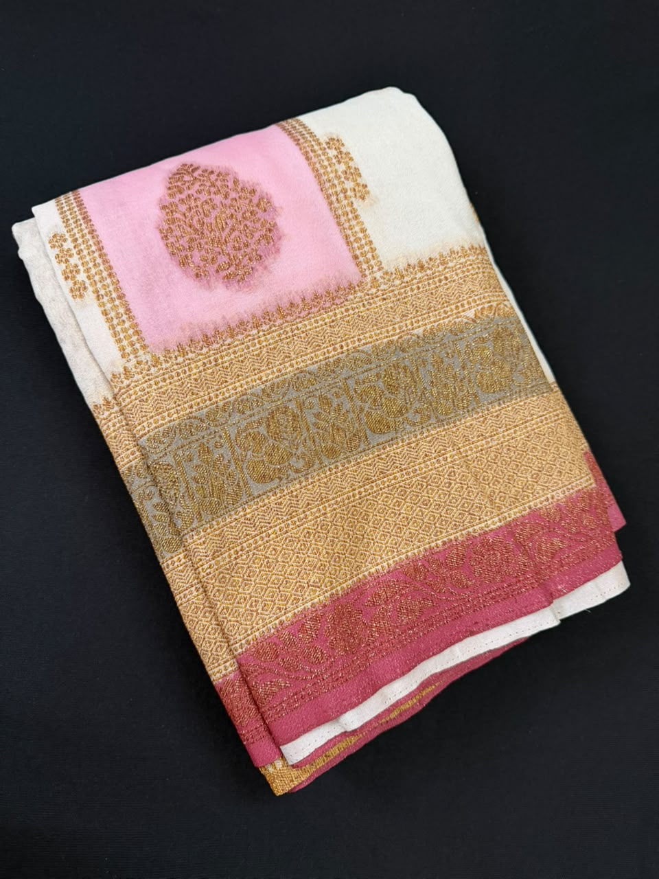 Off-White & Pastel Pink Golden Zari Kaddi Georgette Saree