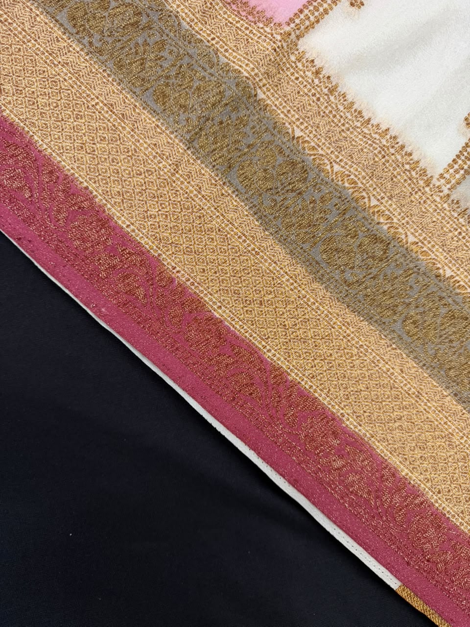 Off-White & Pastel Pink Golden Zari Kaddi Georgette Saree