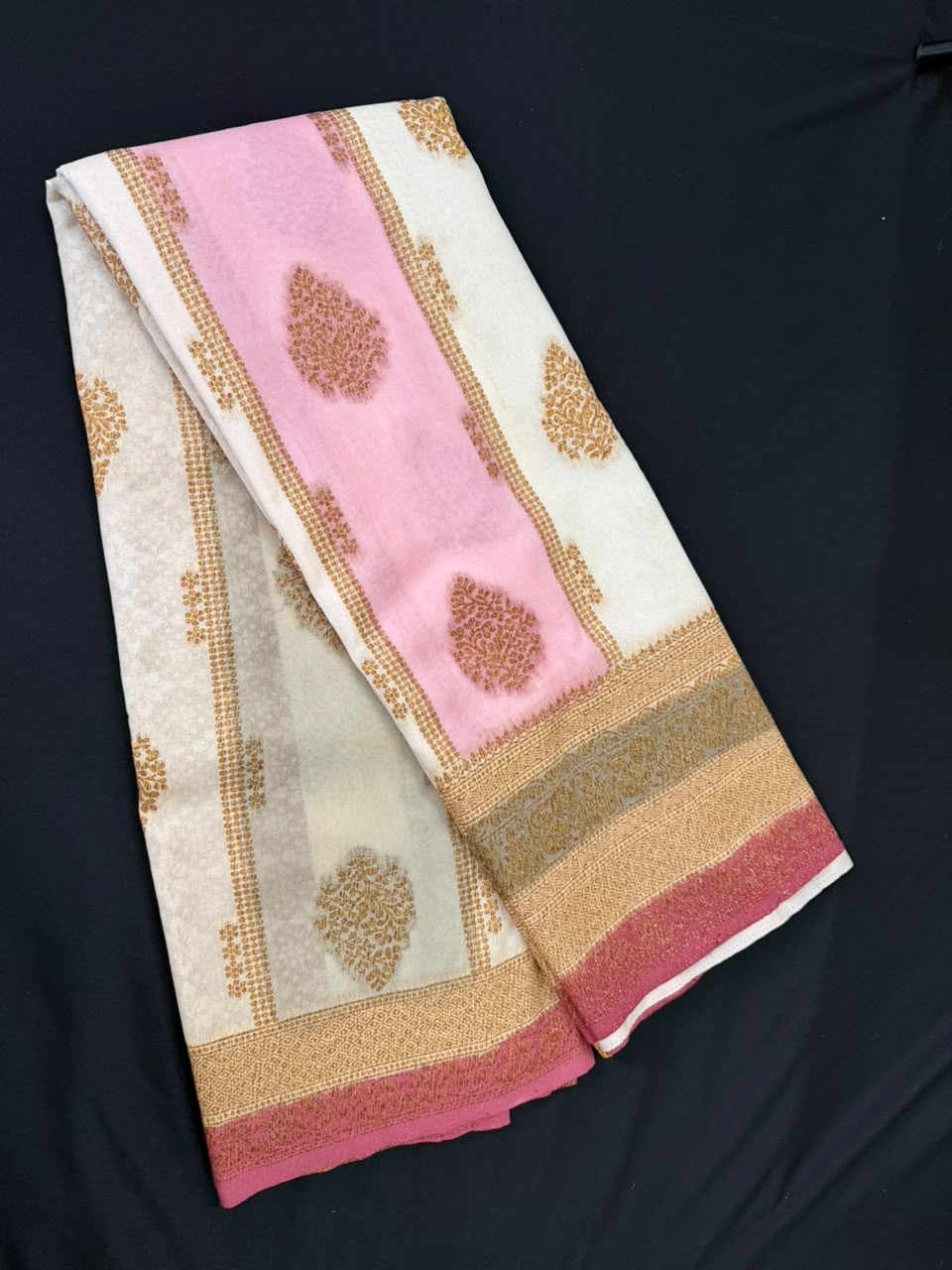 Off-White & Pastel Pink Golden Zari Kaddi Georgette Saree
