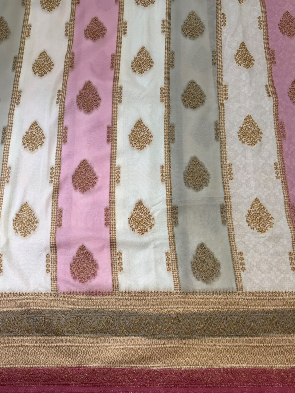 Off-White & Pastel Pink Golden Zari Kaddi Georgette Saree