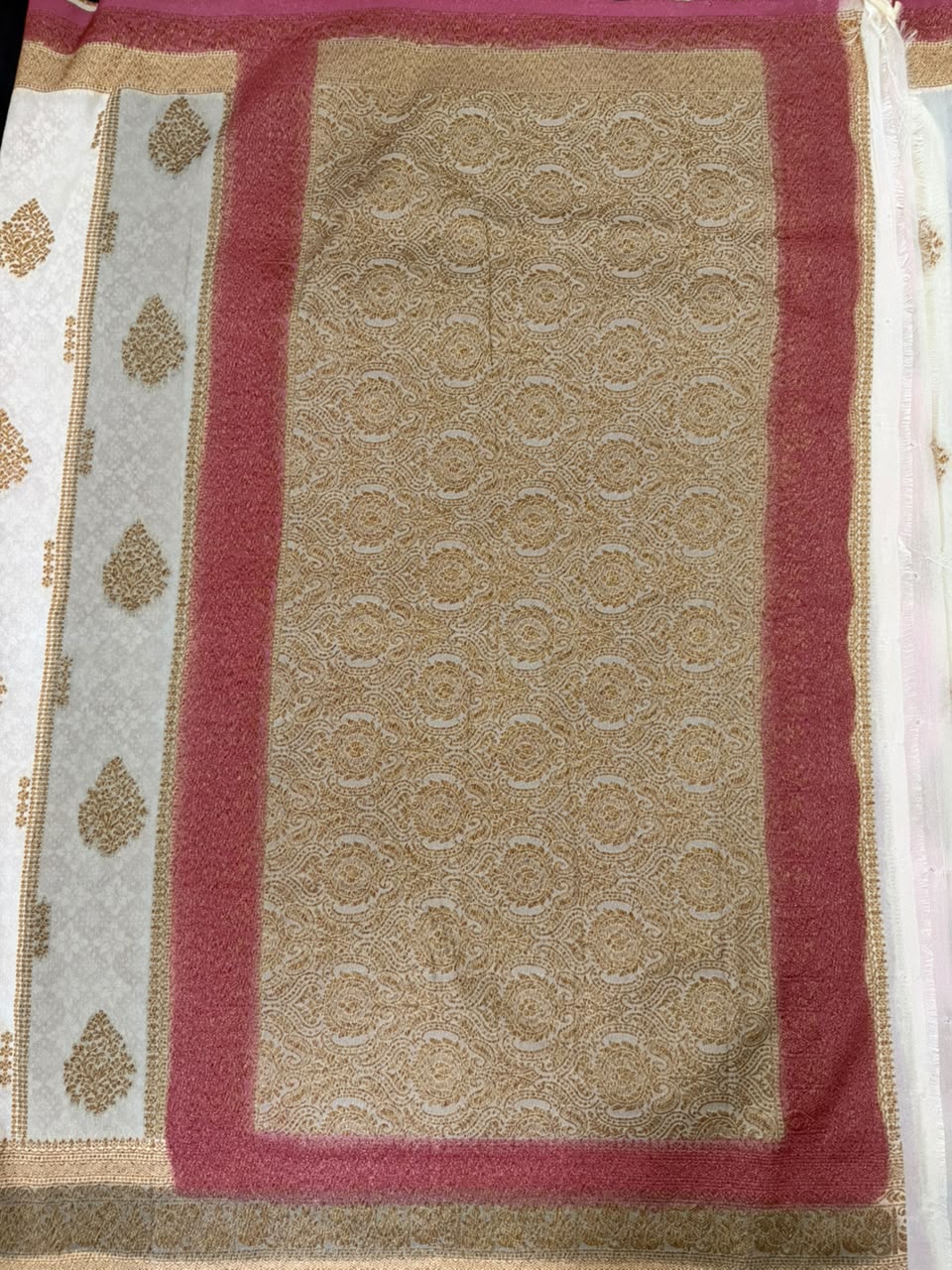 Off-White & Pastel Pink Golden Zari Kaddi Georgette Saree