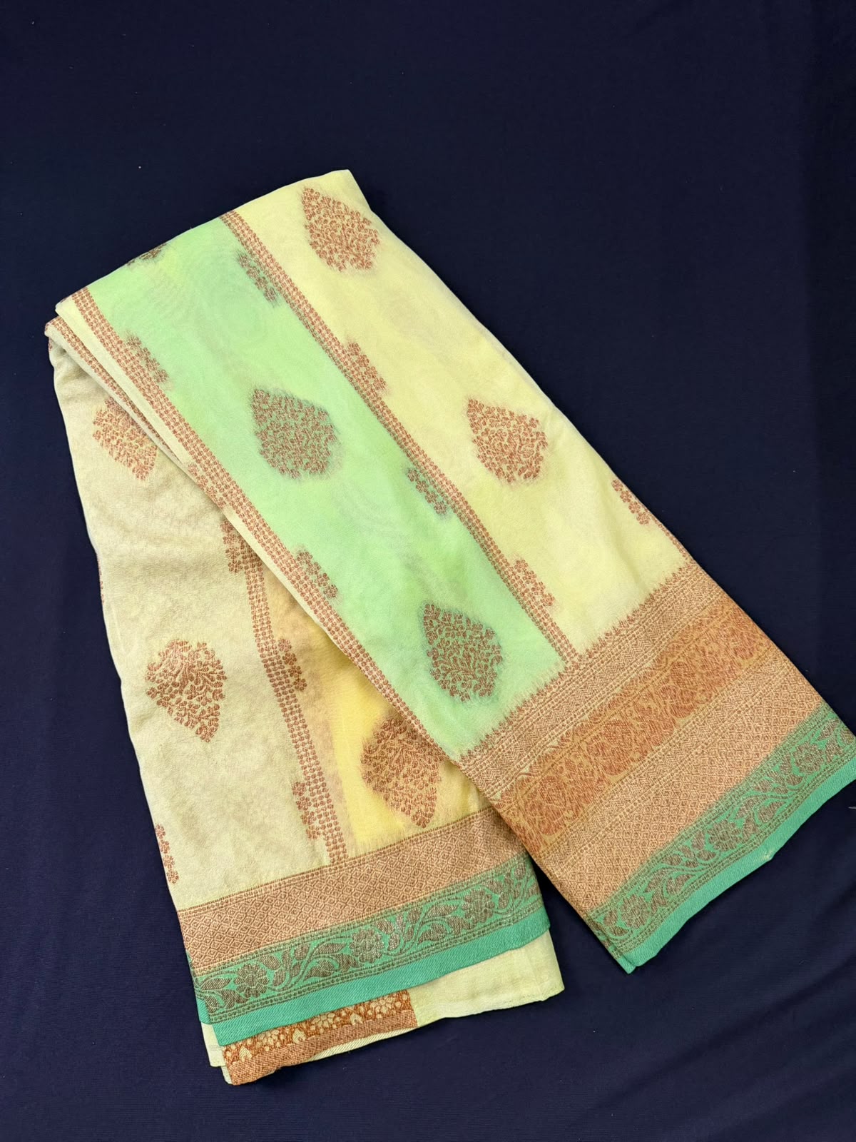 Ivory Cream, Pastel Cream & Golden Zari Kaddi Georgette Saree