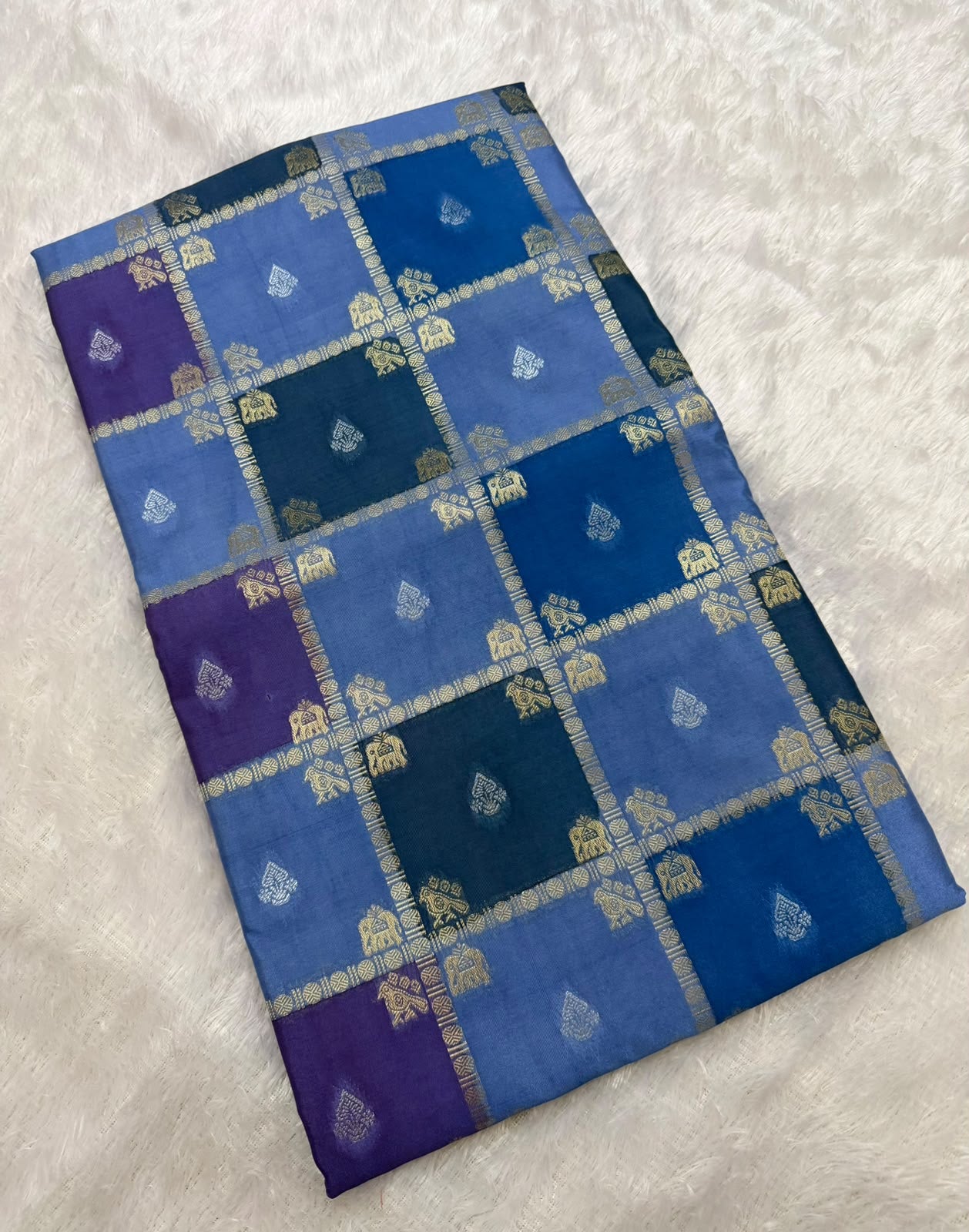 Sky Blue, Royal Blue & Purple Multicolour Runket Crepe Sare