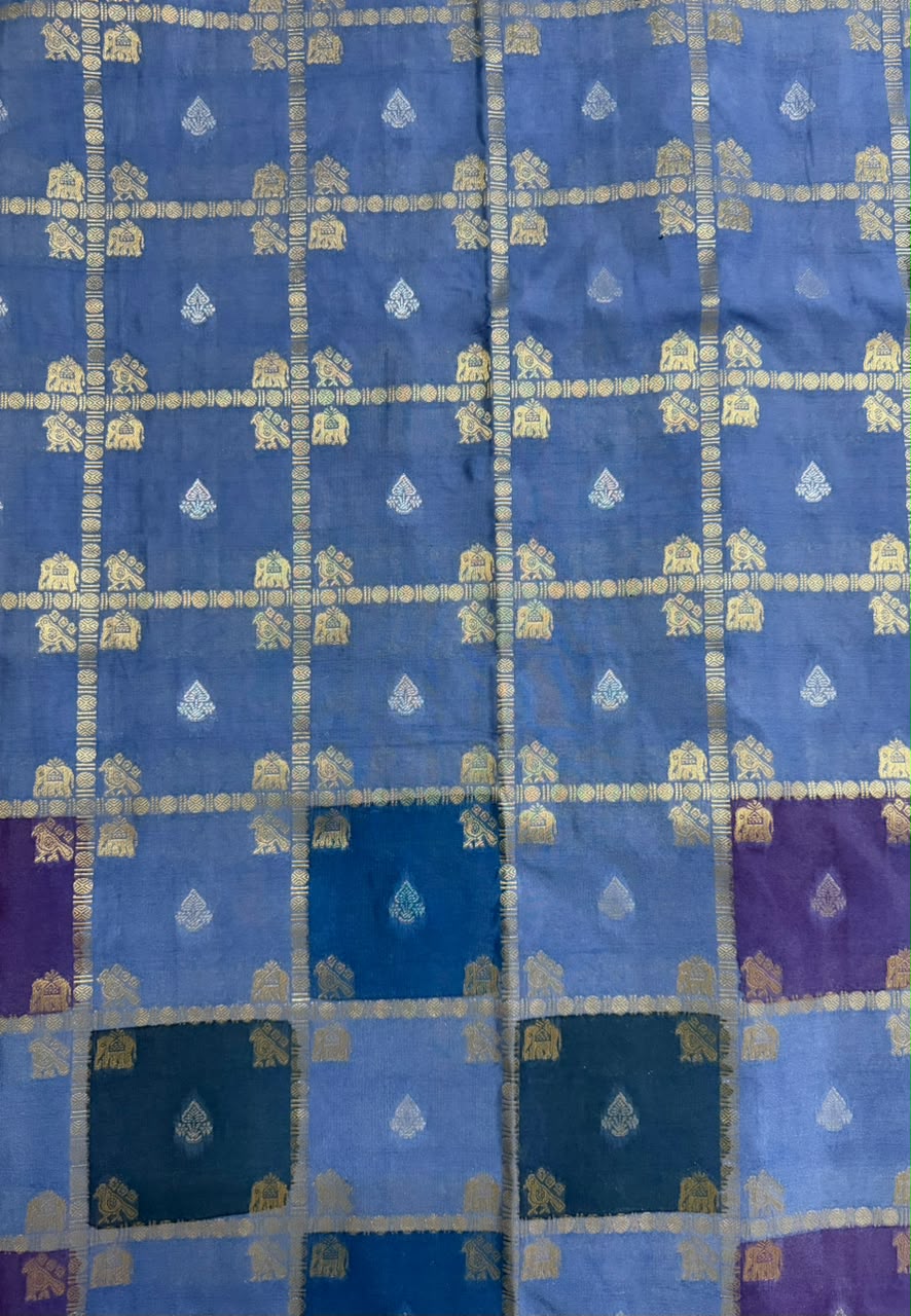 Sky Blue, Royal Blue & Purple Multicolour Runket Crepe Sare