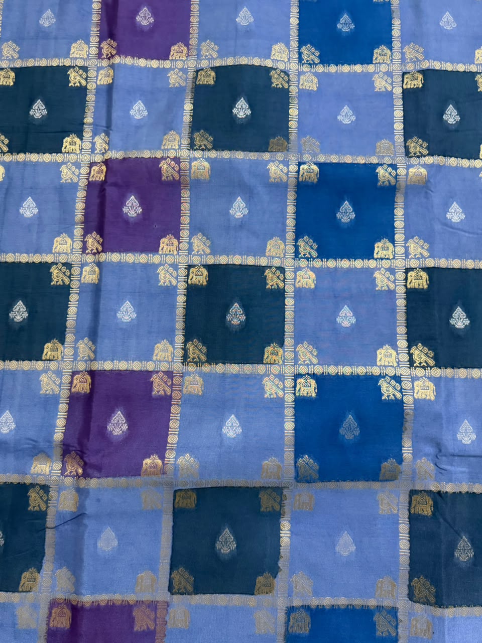 Sky Blue, Royal Blue & Purple Multicolour Runket Crepe Sare