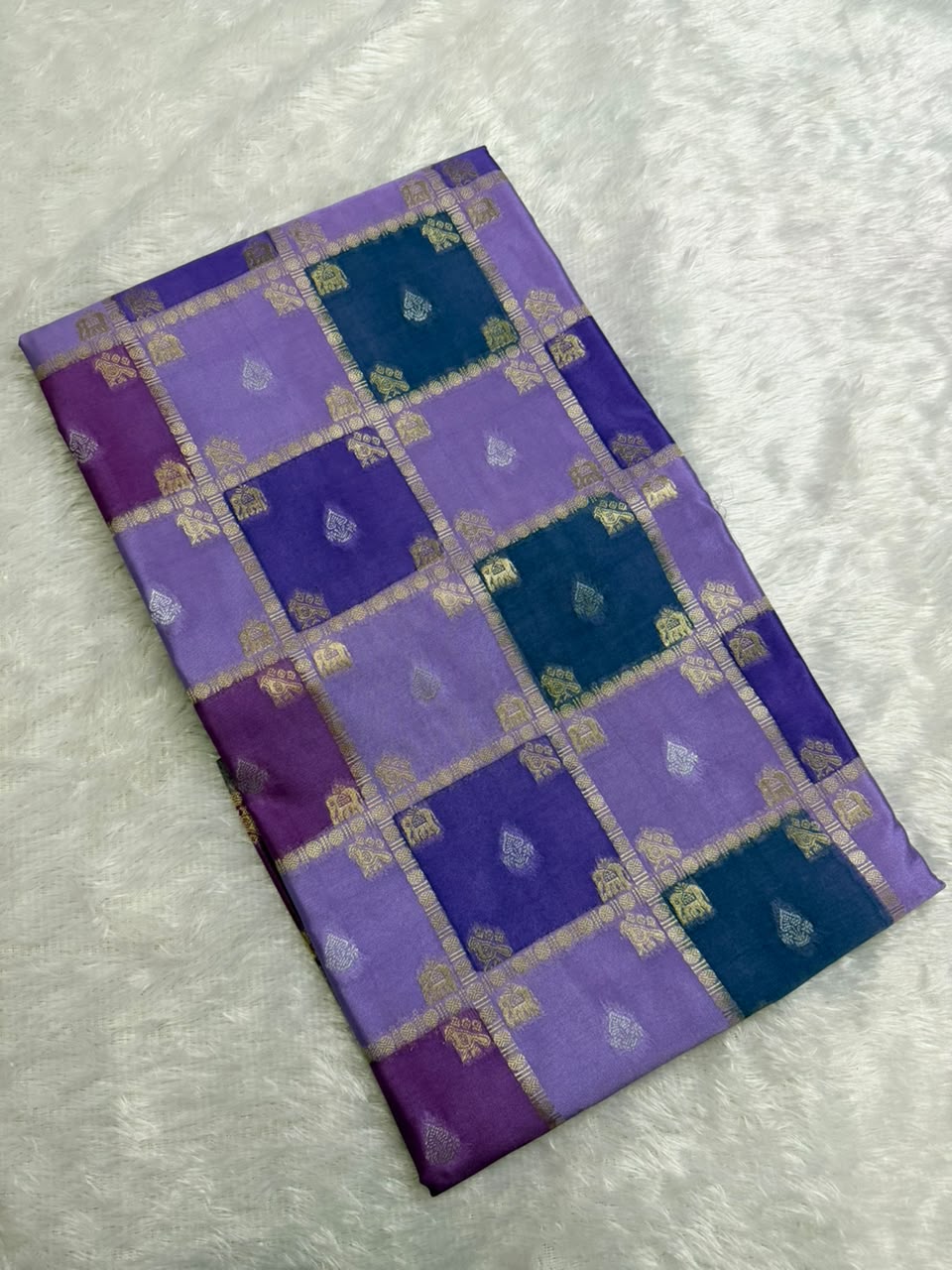 Royal Blue, Indigo, Teal Green & Lavender Runket Crepe Saree