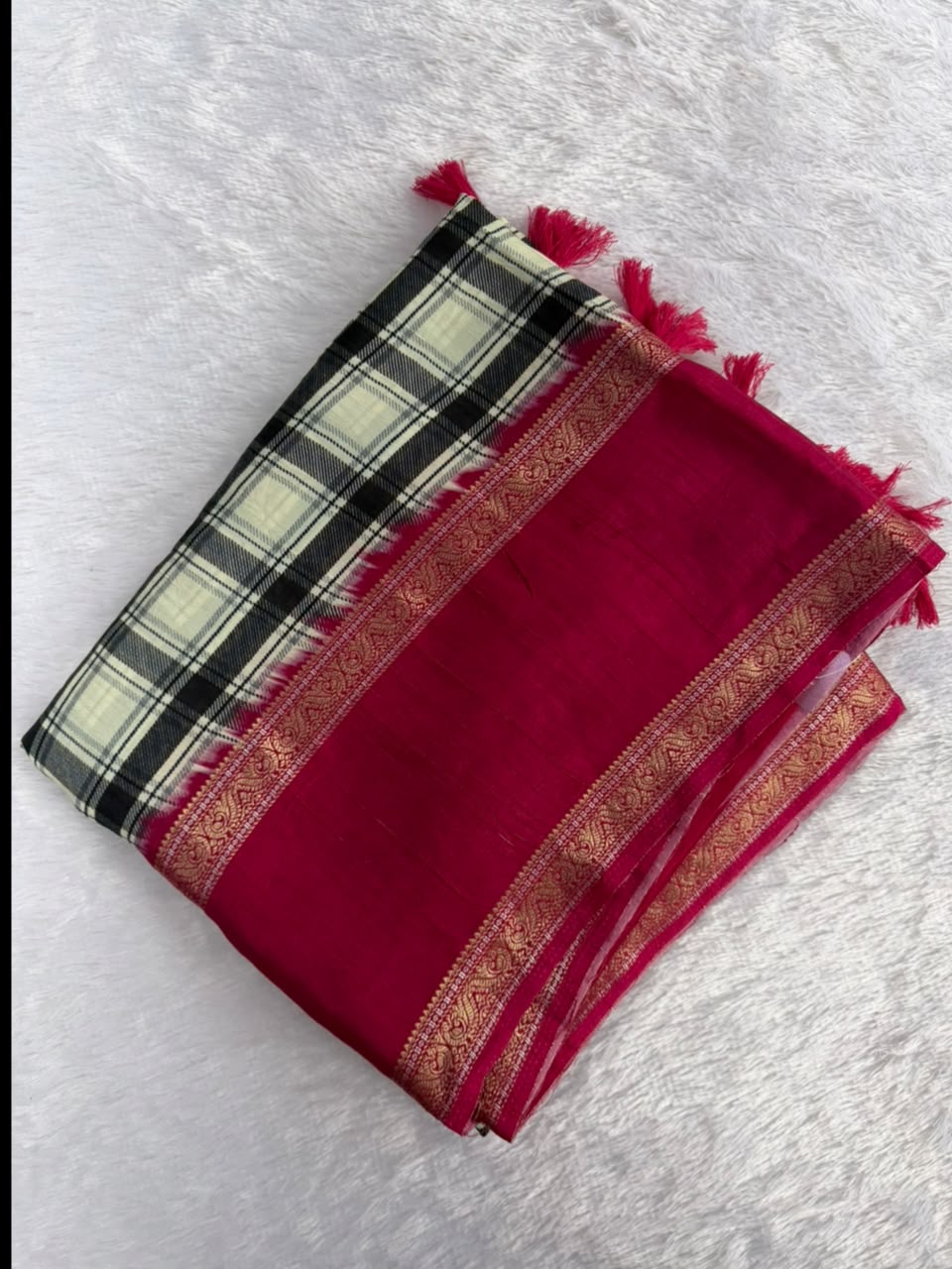 Off-White, Black & Rani Pink Burberry Check Viscose Saree