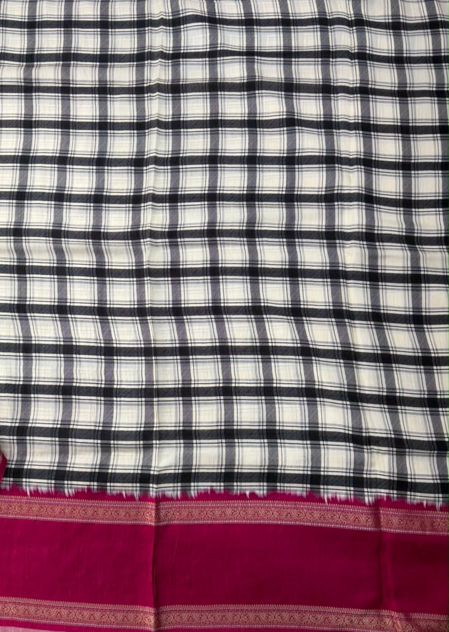 Off-White, Black & Rani Pink Burberry Check Viscose Saree