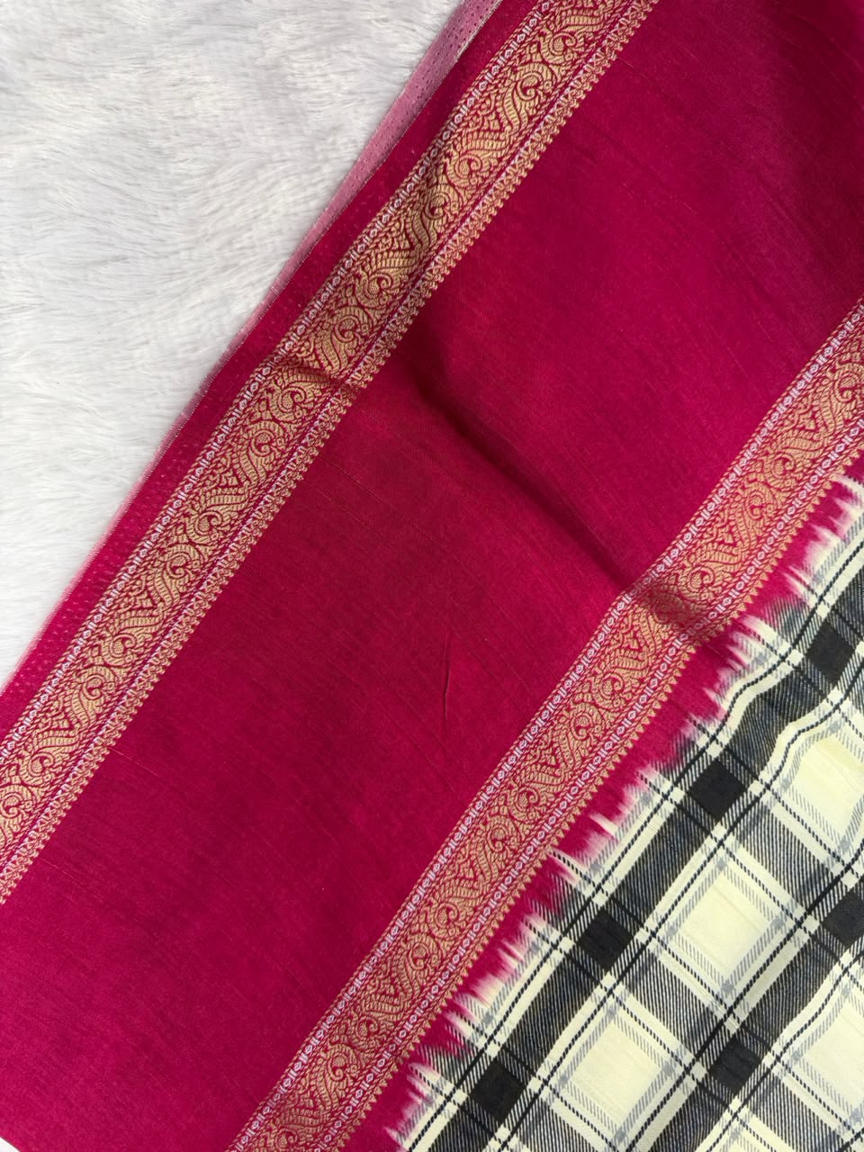 Off-White, Black & Rani Pink Burberry Check Viscose Saree