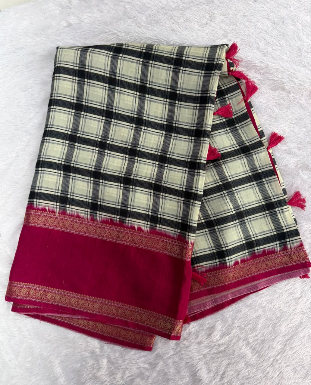Off-White, Black & Rani Pink Burberry Check Viscose Saree
