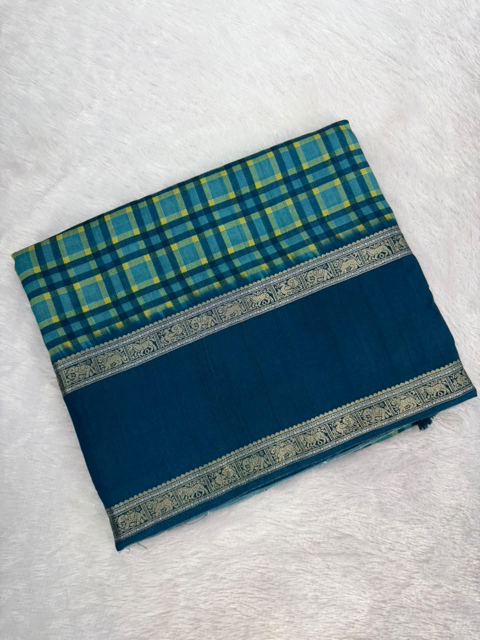 Teal Blue, Mustard Yellow & Dark Navy Blue Burberry Check Viscose Saree with Silver Zari