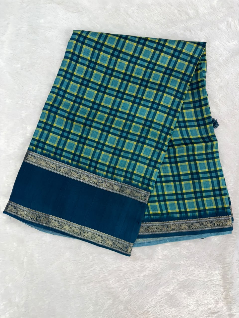 Teal Blue, Mustard Yellow & Dark Navy Blue Burberry Check Viscose Saree with Silver Zari