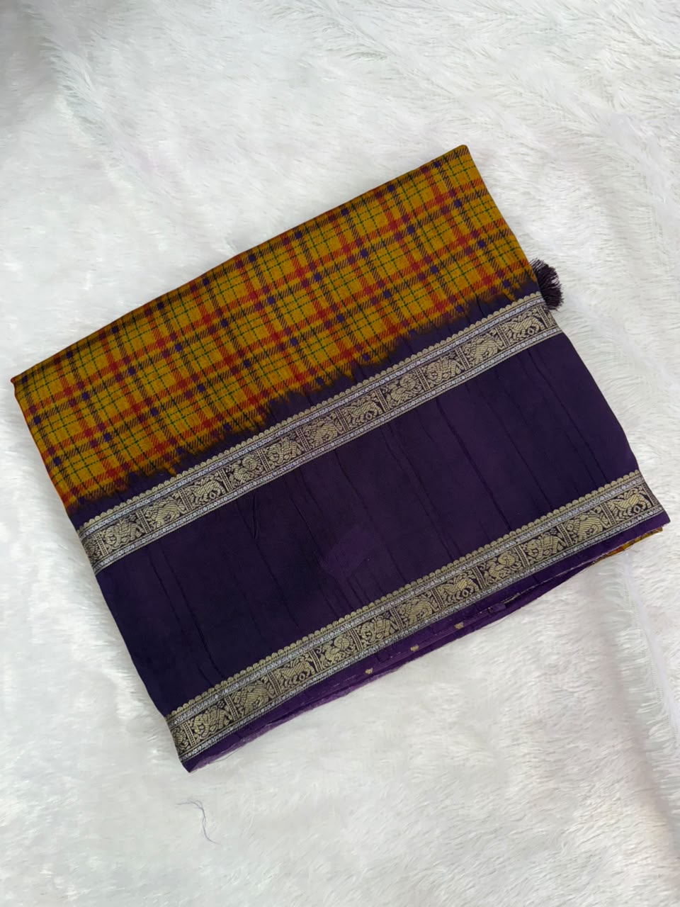 Mustard Yellow & Deep Purple Burberry Check Viscose Saree with Silver Zari