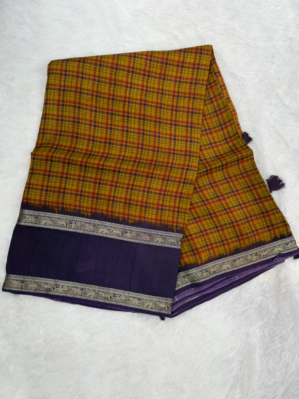 Mustard Yellow & Deep Purple Burberry Check Viscose Saree with Silver Zari