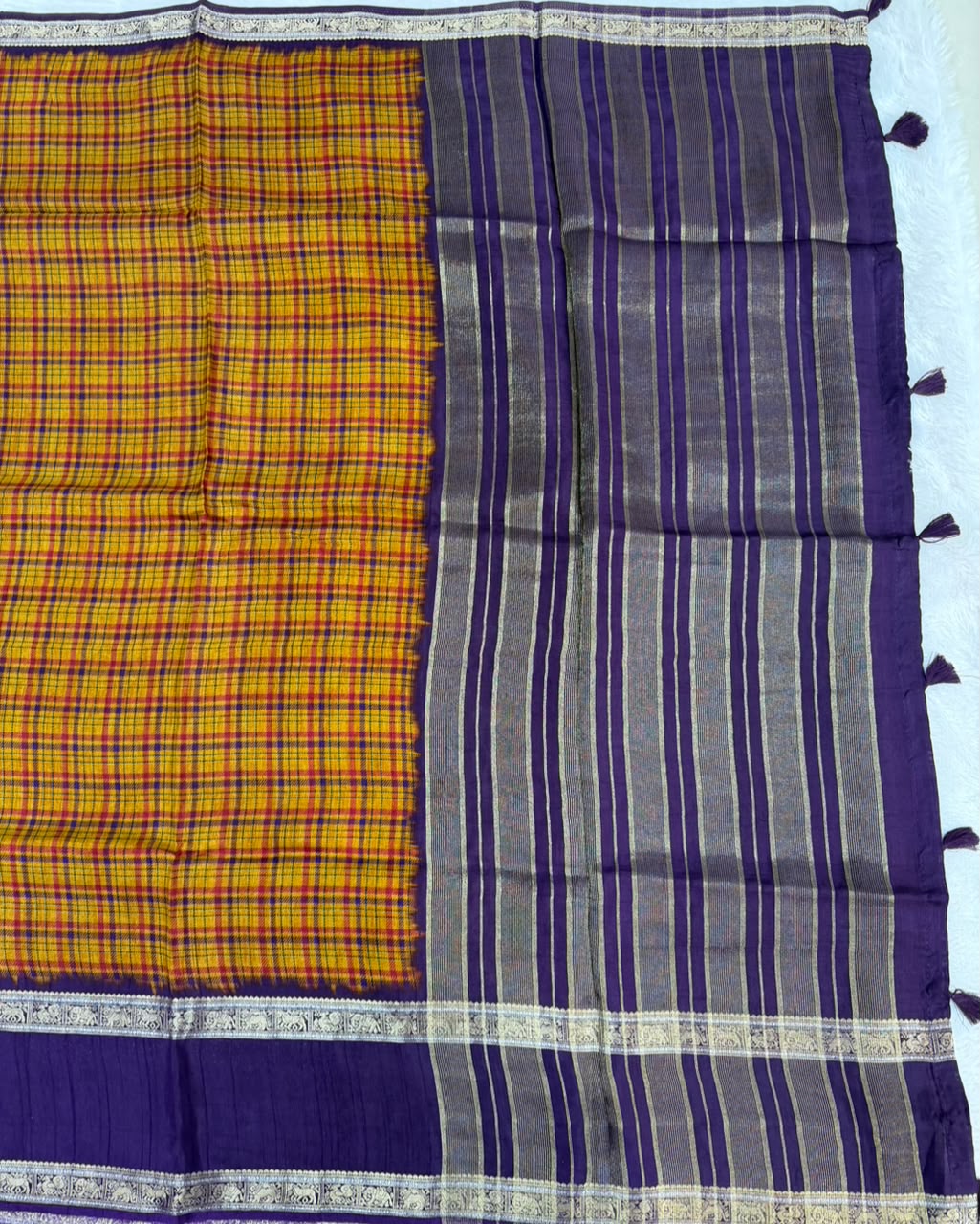 Mustard Yellow & Deep Purple Burberry Check Viscose Saree with Silver Zari