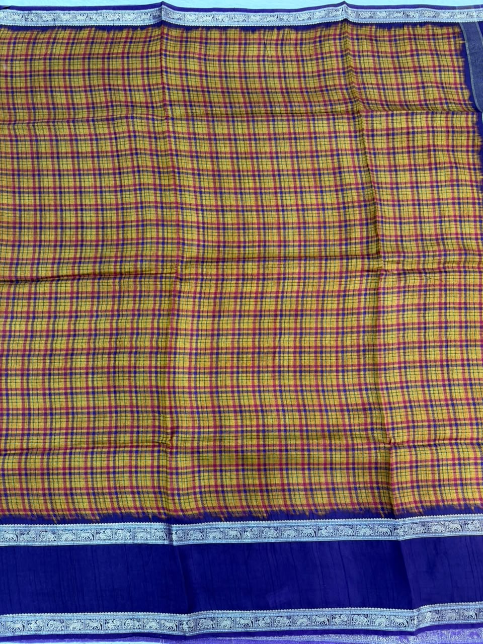 Mustard Yellow & Deep Purple Burberry Check Viscose Saree with Silver Zari