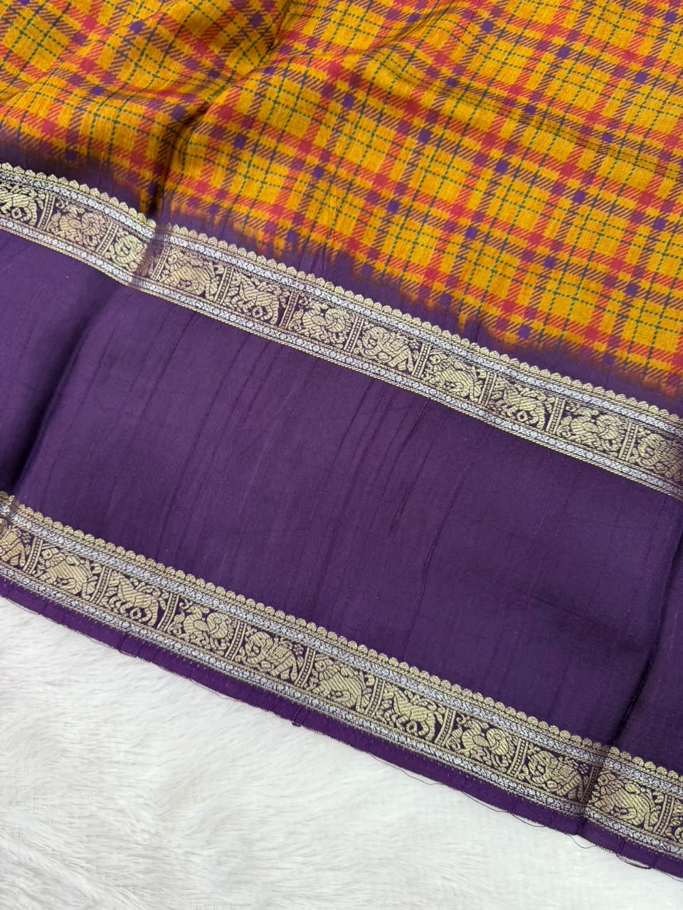Mustard Yellow & Deep Purple Burberry Check Viscose Saree with Silver Zari
