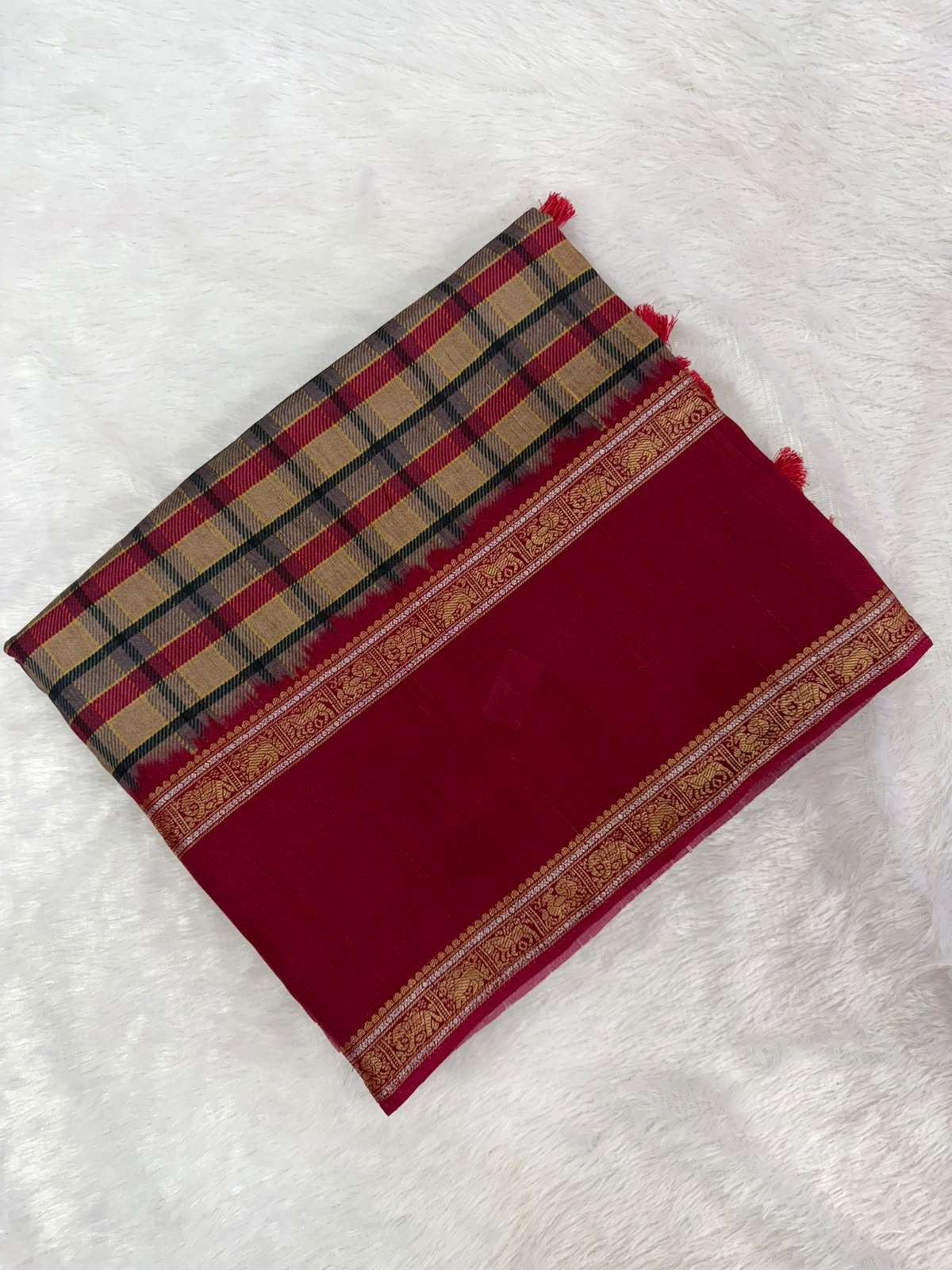 Magenta & Beige Burberry Check Viscose Saree with Silver Zari Work