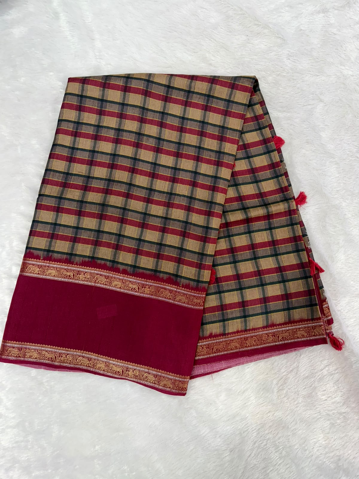 Magenta & Beige Burberry Check Viscose Saree with Silver Zari Work