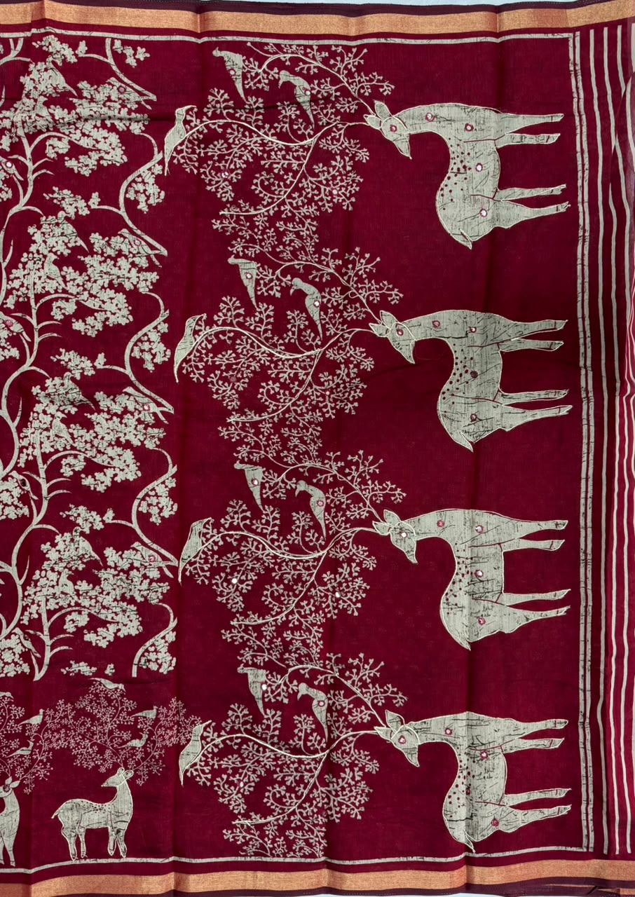 Soft Cotton Blend maroon Saree with Golden Copper Zari Border