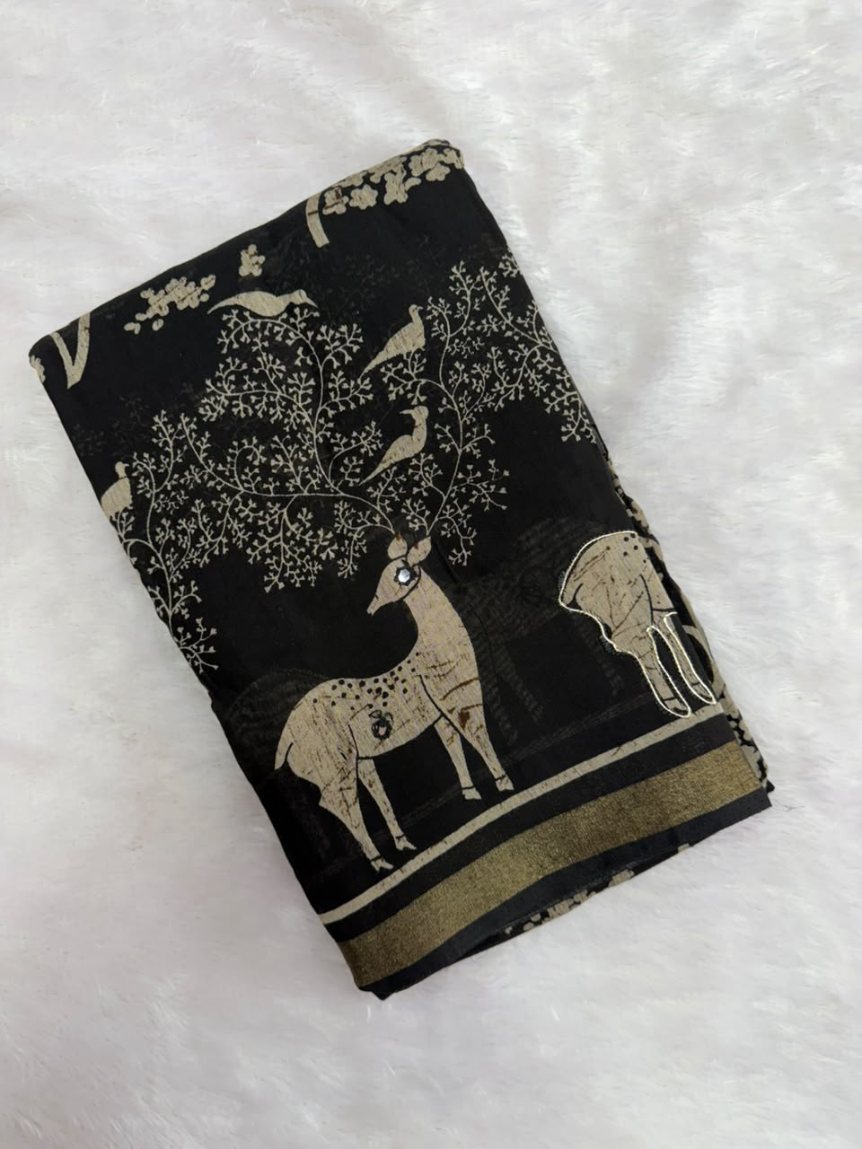 Black Soft Cotton Blend Saree with Golden Copper Zari Border