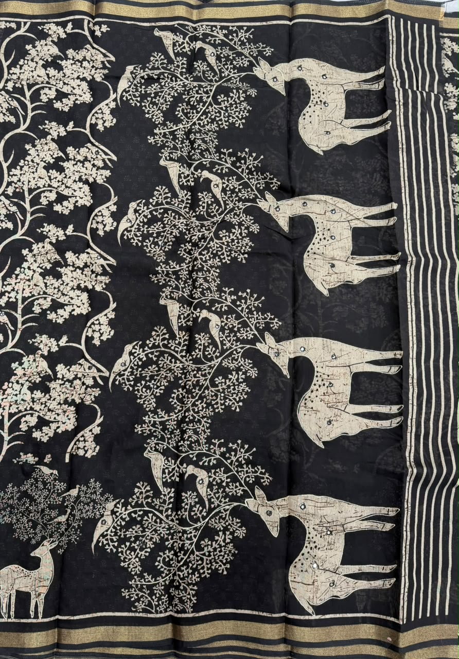 Black Soft Cotton Blend Saree with Golden Copper Zari Border