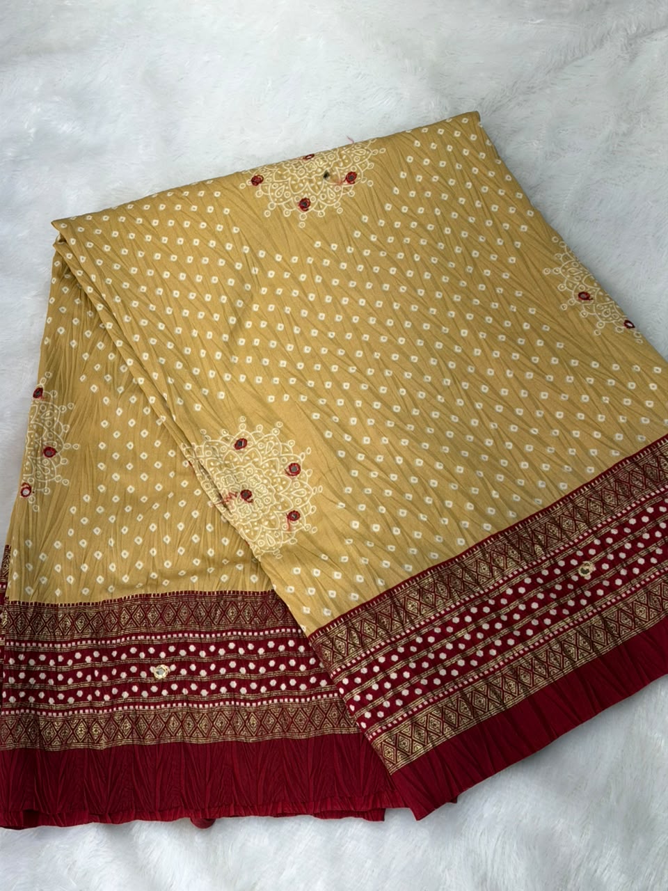 Crushed rich maroon and earthy beige palette Bandani Silk Saree with Mirror Work