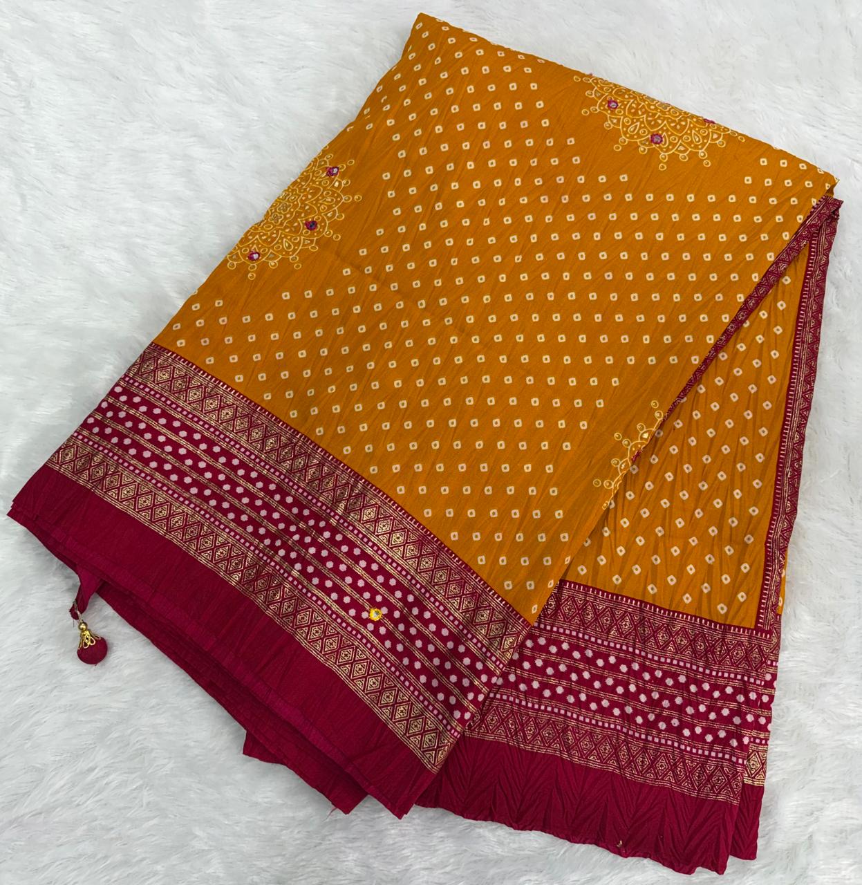 Crushed rich maroon and mustard yellow palette Bandani Silk Saree with Mirror Work