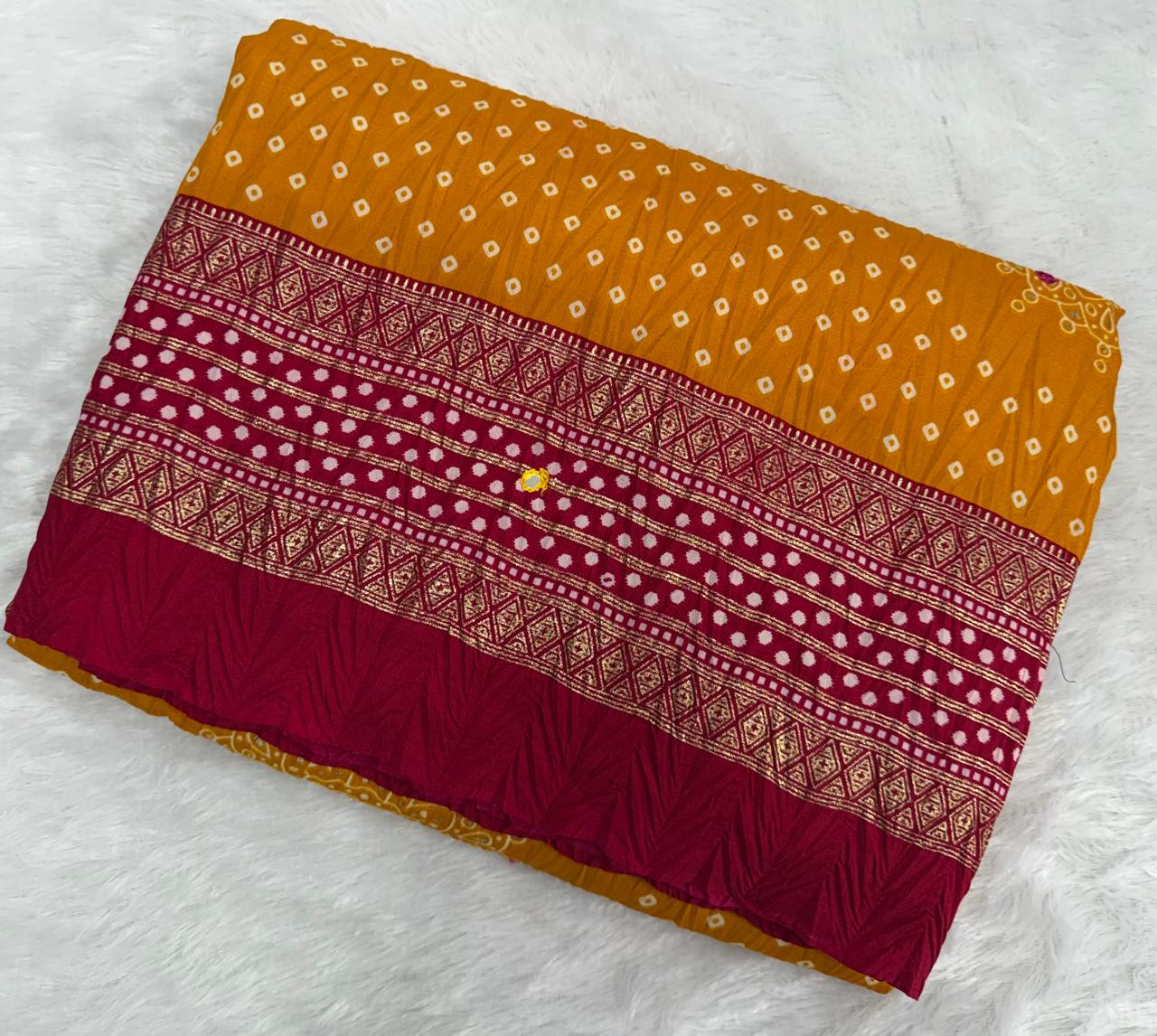 Crushed rich maroon and mustard yellow palette Bandani Silk Saree with Mirror Work