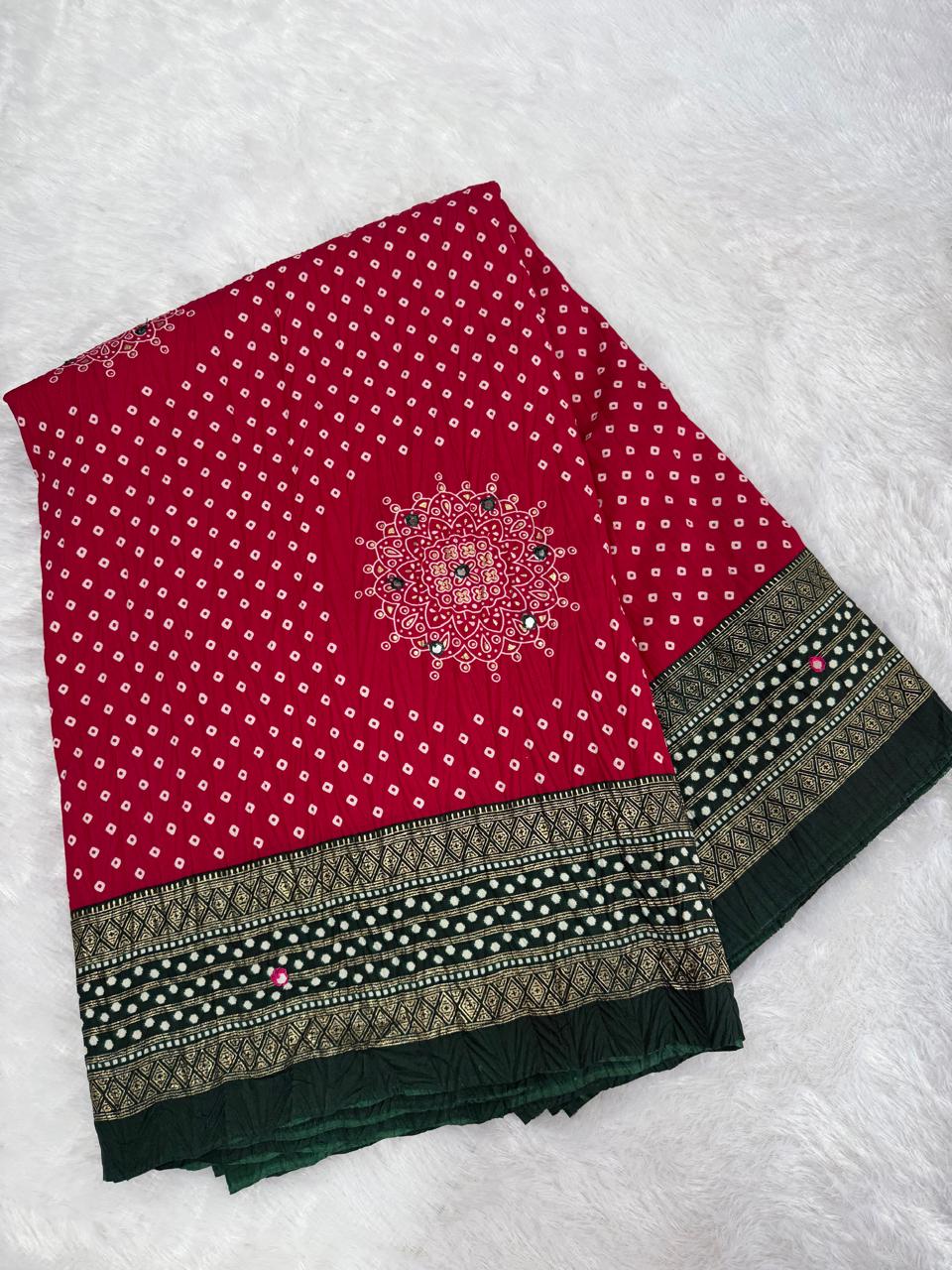 Crushed red and dark green palette Bandani Silk Saree with Mirror Work