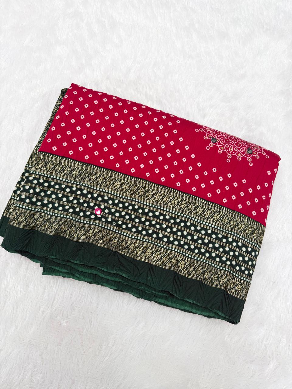 Crushed red and dark green palette Bandani Silk Saree with Mirror Work