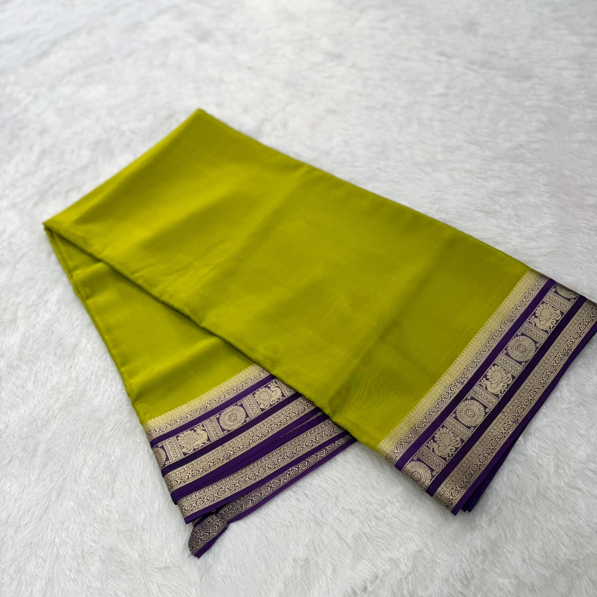 Chartreuse Green & Purple Gold Zari Semi-Crepe Saree