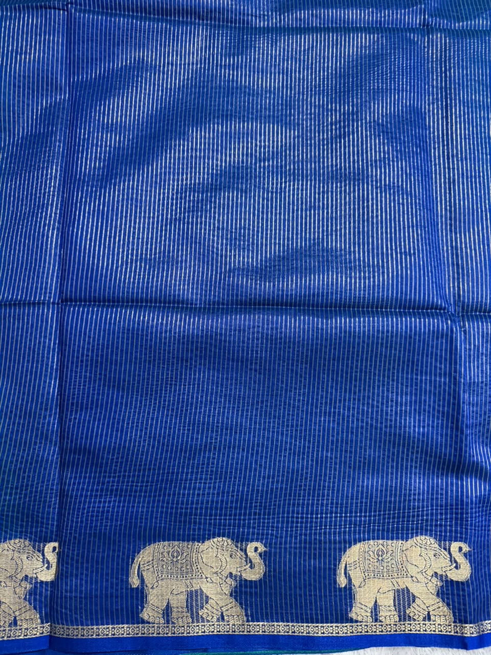 Blue and Green Chanderi Cotton Saree with Maroon Butta & Elephant Zari Motifs