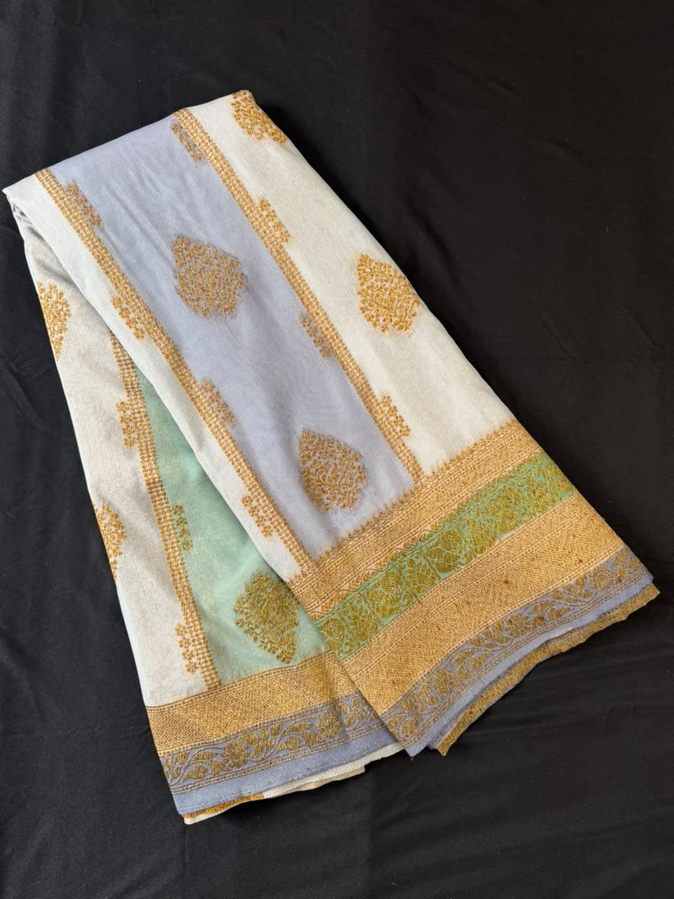Powder Blue, Mint Green & Ivory Zari Kaddi Georgette Saree