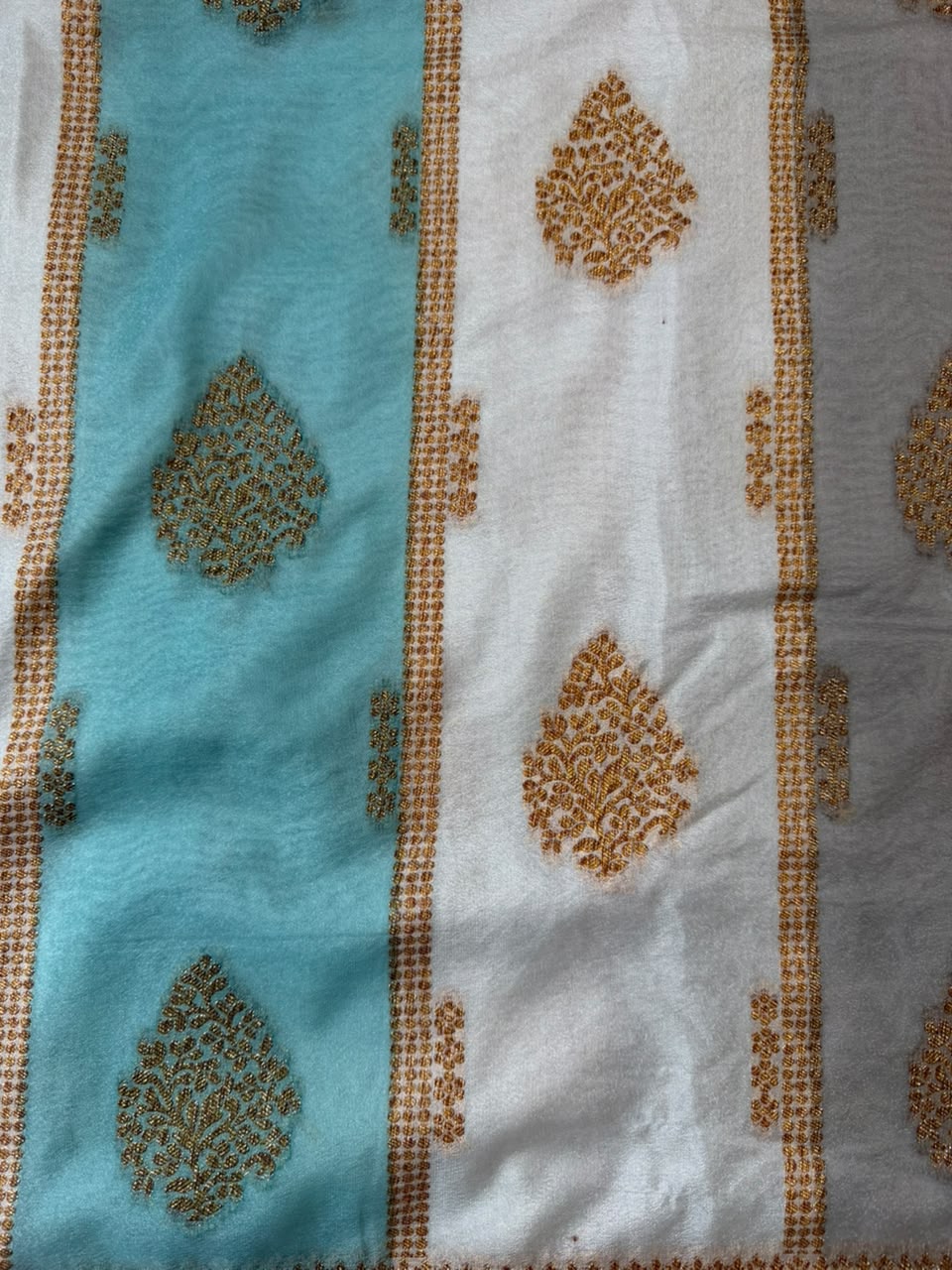 Turquoise Blue & Ivory Golden Zari Kaddi Georgette Saree