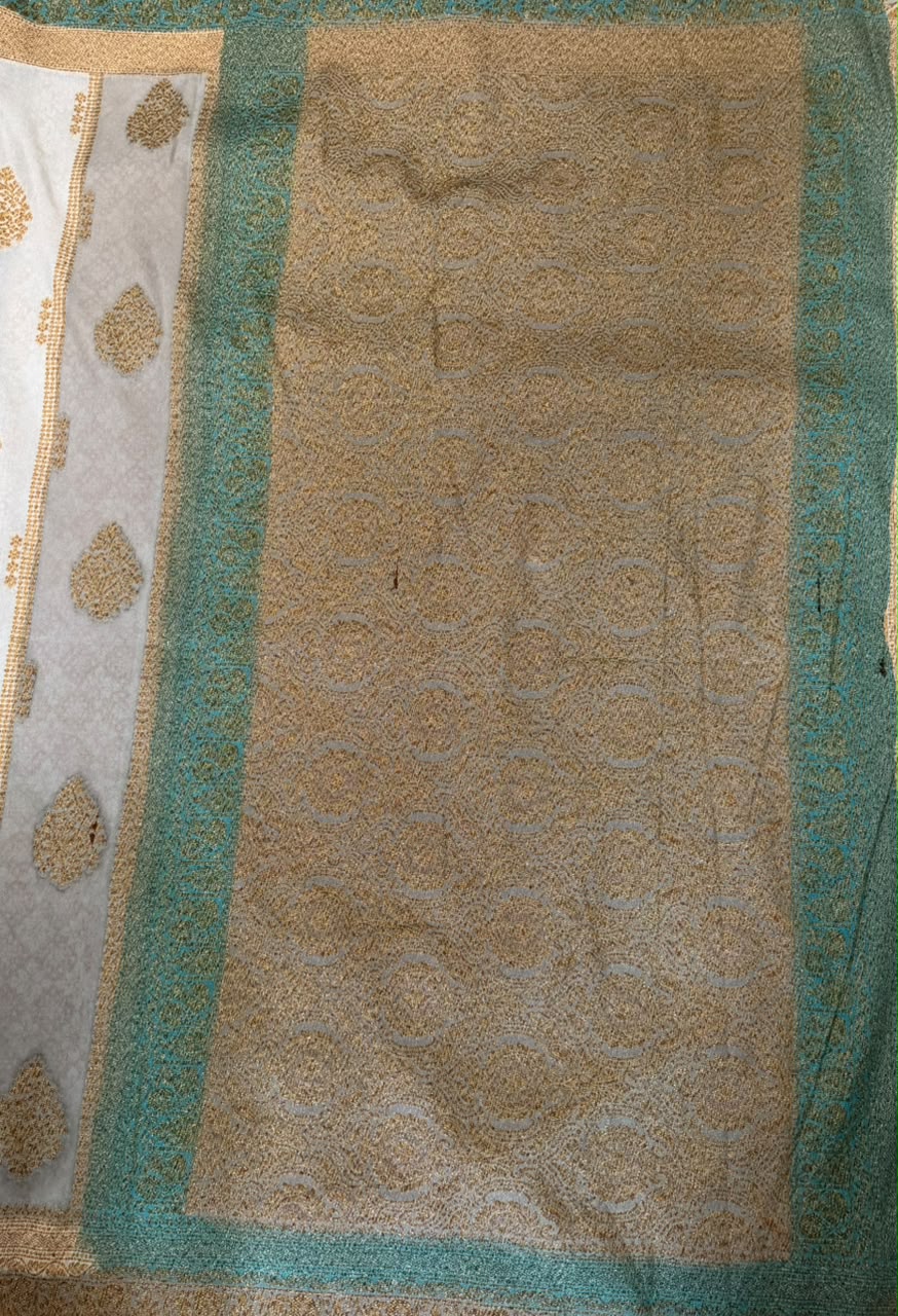 Turquoise Blue & Ivory Golden Zari Kaddi Georgette Saree
