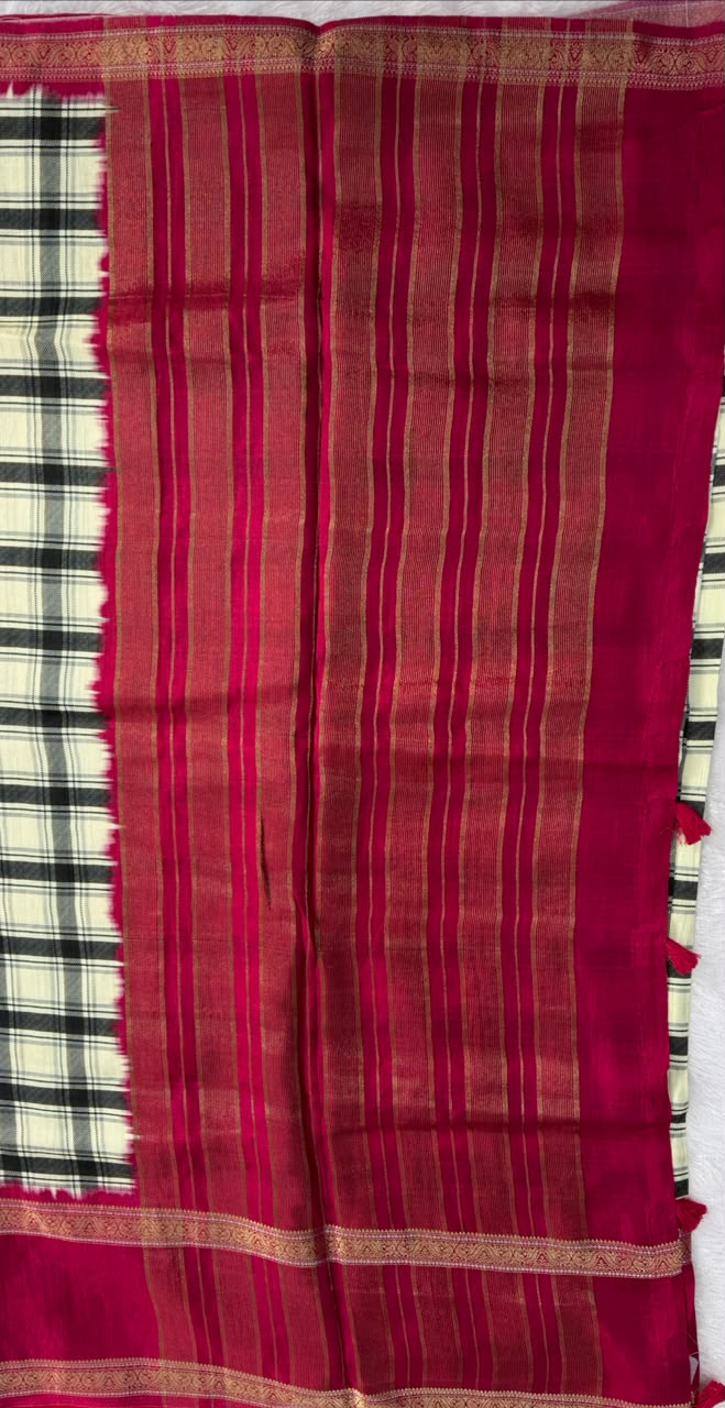 Off-White, Black & Rani Pink Burberry Check Viscose Saree